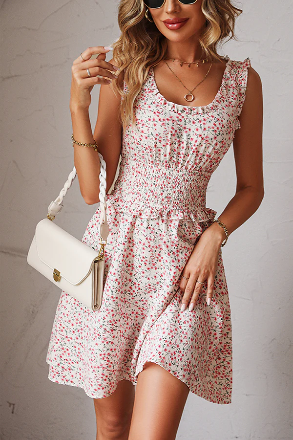Smocked Waist Floral Print Casual Dress