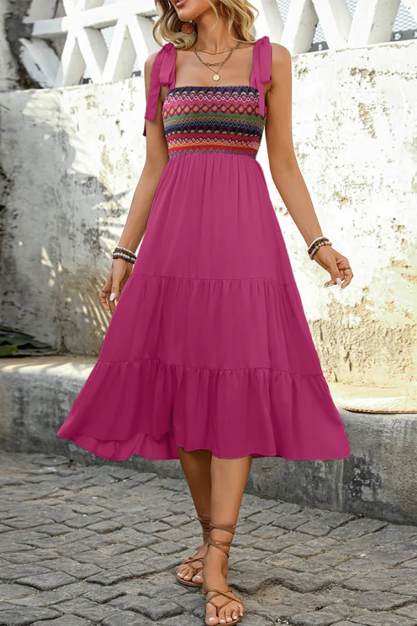 Bohemia Print Fashion Tie Shoulder Casual Dress