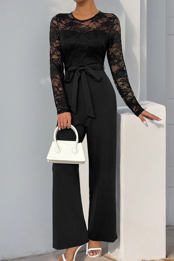Lace Patchwork Tie Waist Casual Jumpsuits