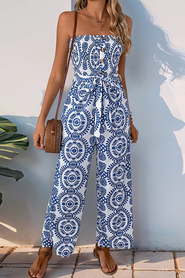 Fashion Bandeau Button Printed Casual Jumpsuit