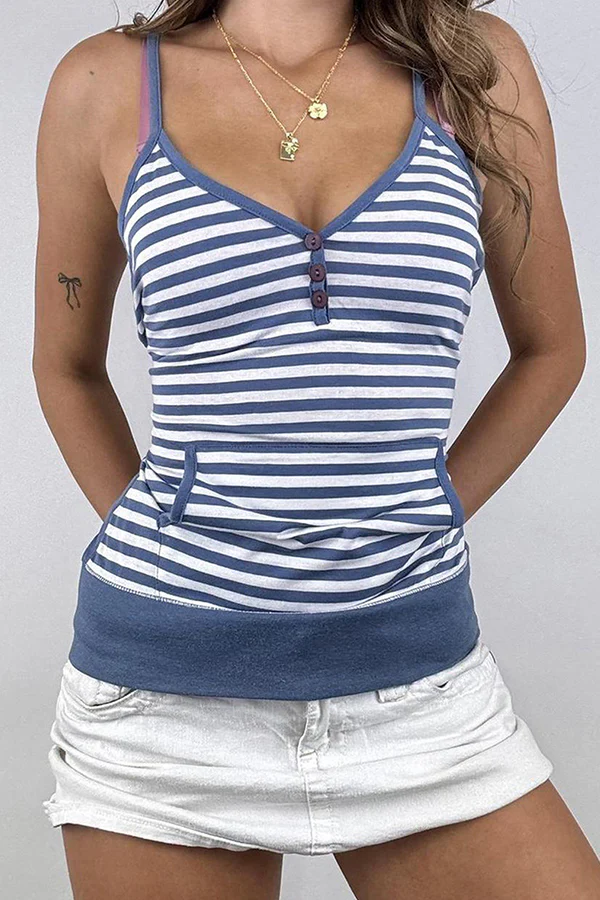 Stripe Print Button Casual Tops