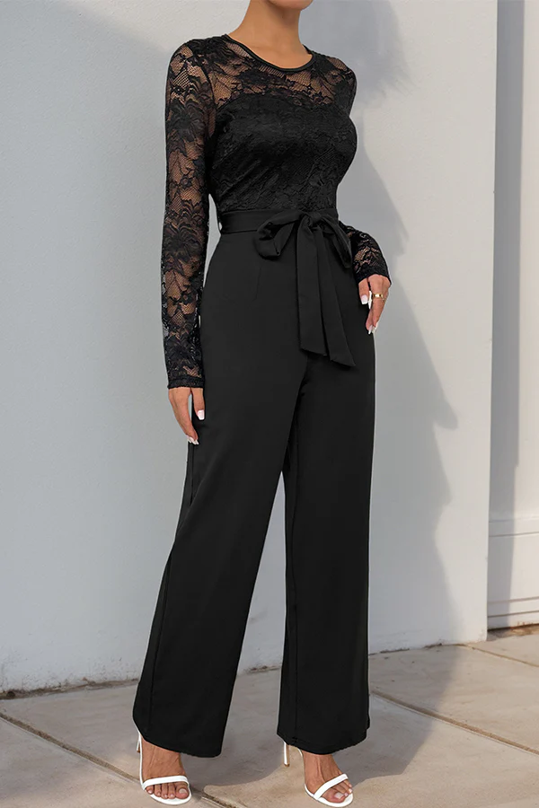 Lace Patchwork Tie Waist Casual Jumpsuits