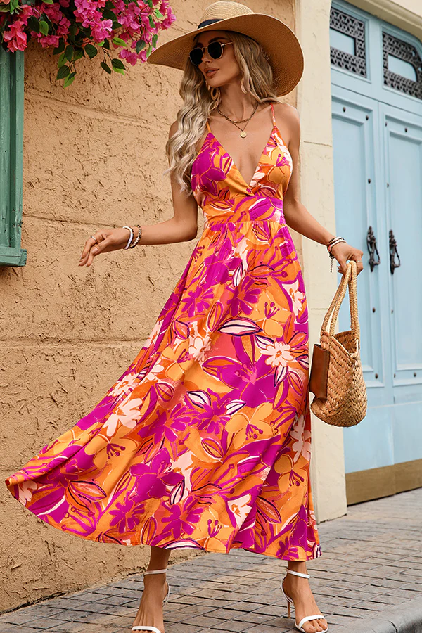 Fashion Deep V Neck Floral Print Maxi Dress