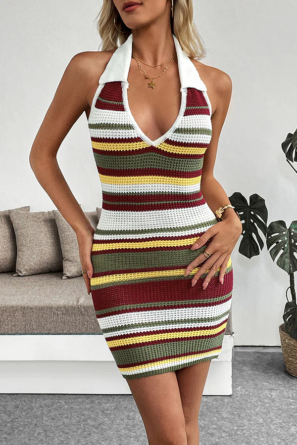 Colorful Stripe Print Halter Neck Casual Dress